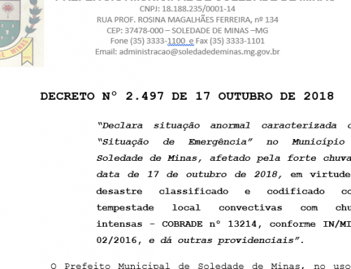 DECRETO Nº 2.497 DE 17 OUTUBRO DE 2018